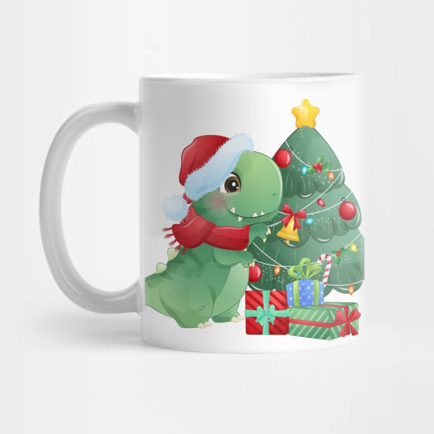 Cute Christmas T Rex Dinosaur With Christmas Tree And Gift Boxes by P-ashion Tee